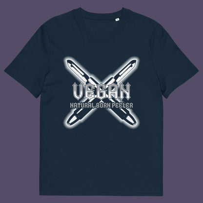 French navy t-shirt. A funny vegan t-shirt with menace. A tribute to the number one weapon of choice for a planet lover. A unique dairy free design for all plant based warriors. Made from 100% organic ring-spun cotton, this vegan t-shirt is unisex, high-quality, super comfy, and best of all, eco-friendly.