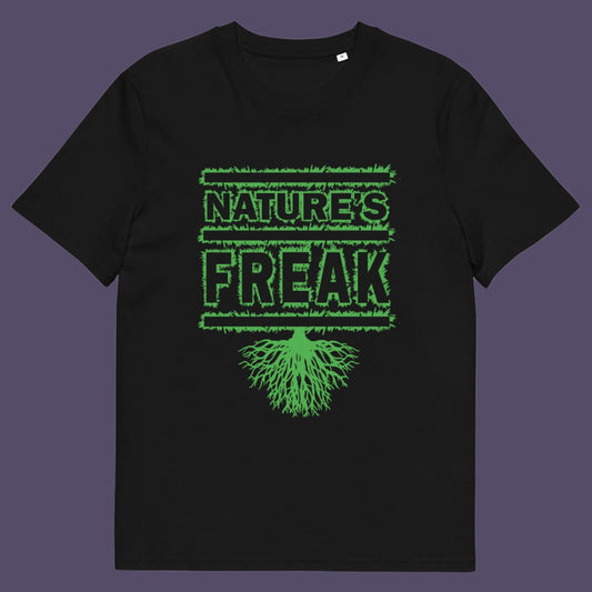 Black t shirt. A protect the planet t shirt design for all children of nature who are proud to be part of a beautiful eco system. This stencil graffiti t shirt is ideal if you believe you are surrounded by freaks of nature while feeling like one of nature's freaks. Made from 100% organic ring-spun cotton, this nature lover t shirt is unisex, high-quality, super comfy, and best of all, eco-friendly.