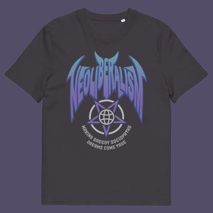 Anthracite t shirt. An anti capitalism t shirt in a satanic rock band style. This design pays satirical homage to the most overlooked treat to a CIVILISED society. Neoliberalism, the fertile breeding ground for greed and corruption. Made from 100% organic ring-spun cotton, this counter culture t shirt is unisex, high quality, super comfy, and best of all, eco-friendly.