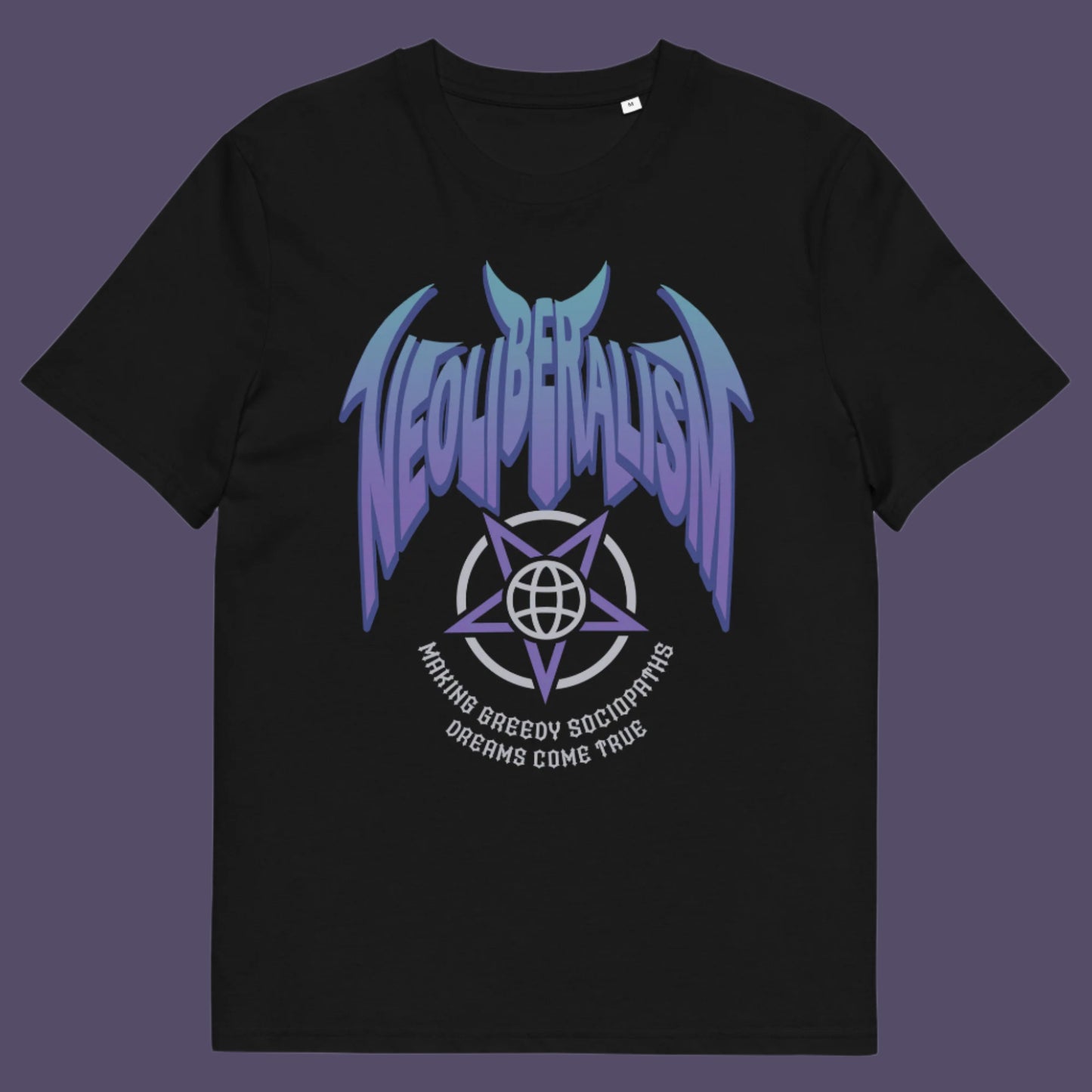 Black t shirt. An anti capitalism t shirt in a satanic rock band style. This design pays satirical homage to the most overlooked treat to a CIVILISED society. Neoliberalism, the fertile breeding ground for greed and corruption. Made from 100% organic ring-spun cotton, this counter culture t shirt is unisex, high quality, super comfy, and best of all, eco-friendly.