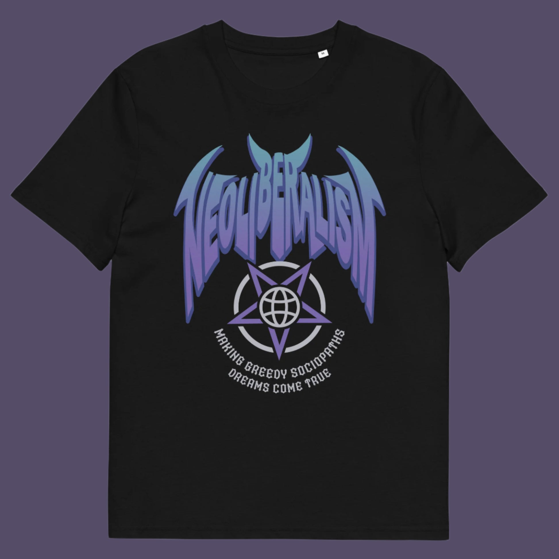 Black t shirt. An anti capitalism t shirt in a satanic rock band style. This design pays satirical homage to the most overlooked treat to a CIVILISED society. Neoliberalism, the fertile breeding ground for greed and corruption. Made from 100% organic ring-spun cotton, this counter culture t shirt is unisex, high quality, super comfy, and best of all, eco-friendly.