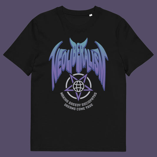 Black t shirt. An anti capitalism t shirt in a satanic rock band style. This design pays satirical homage to the most overlooked treat to a CIVILISED society. Neoliberalism, the fertile breeding ground for greed and corruption. Made from 100% organic ring-spun cotton, this counter culture t shirt is unisex, high quality, super comfy, and best of all, eco-friendly.
