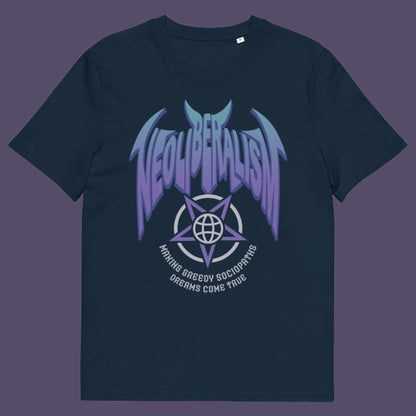 French navy t shirt. An anti capitalism t shirt in a satanic rock band style. This design pays satirical homage to the most overlooked treat to a CIVILISED society. Neoliberalism, the fertile breeding ground for greed and corruption. Made from 100% organic ring-spun cotton, this counter culture t shirt is unisex, high quality, super comfy, and best of all, eco-friendly.