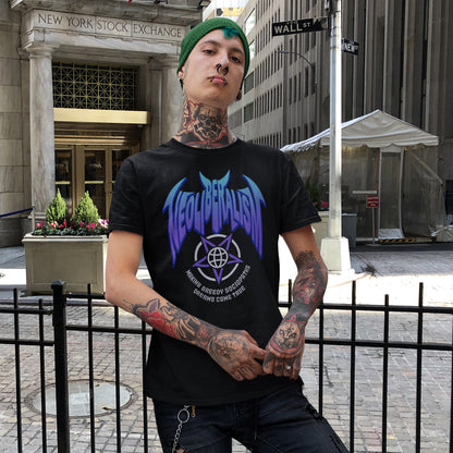 Man standing on Wall street wearing a black 'neoliberalism' t shirt. An anti capitalism t shirt in a satanic rock band style. This design pays satirical homage to the most overlooked treat to a CIVILISED society. Neoliberalism, the fertile breeding ground for greed and corruption. Made from 100% organic ring-spun cotton, this counter culture t shirt is unisex, high quality, super comfy, and best of all, eco-friendly.