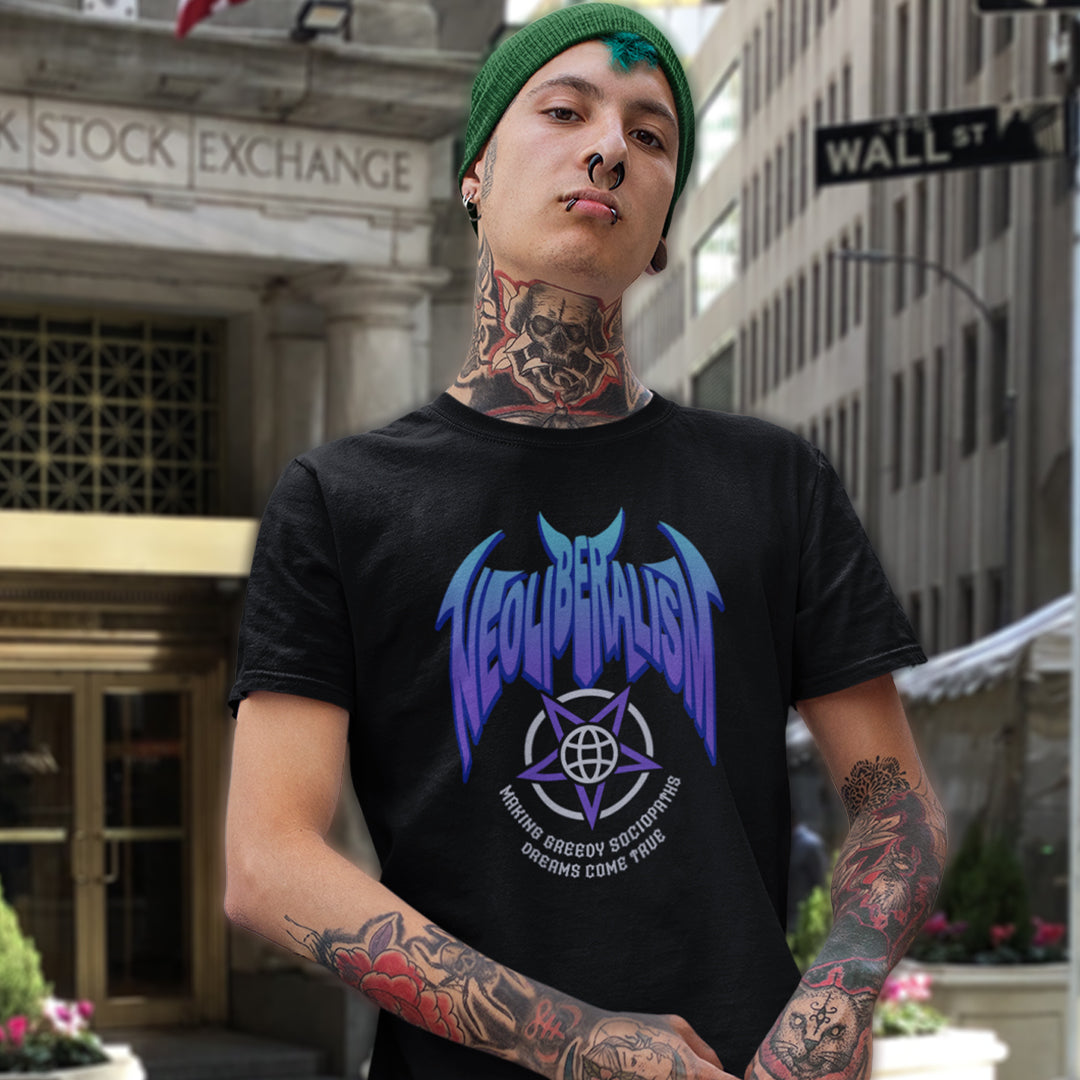 Man standing in Wall St, wearing a black t-shirt with "NEOLIBERALISM" logo.