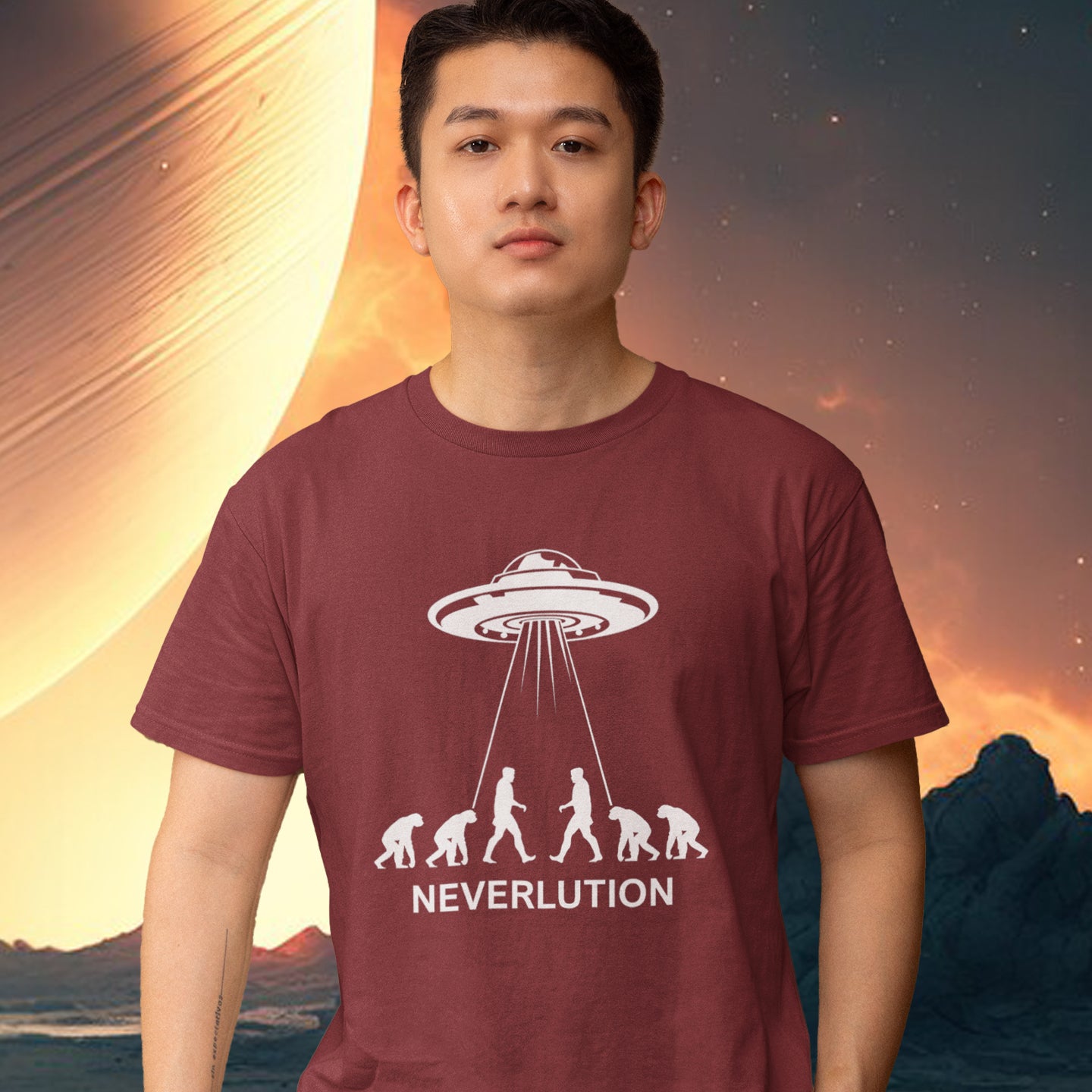 Person wearing a t-shirt with a UFO and evolution graphic against a space-themed background. An alien conspiracy theory t-shirt suggesting a different path of our evolution. Did evolution never really happen the way we are told, or is there a more intergalactic and colourful answer ? Made from 100% organic ring-spun cotton, this conspiracy theory t-shirt is unisex, high-quality, super comfy, and best of all, eco-friendly.