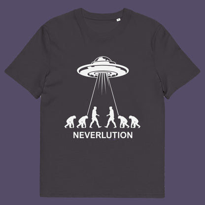 Anthracite t-shirt. An alien conspiracy theory t-shirt suggesting a different path of our evolution. Did evolution never really happen the way we are told, or is there a more intergalactic and colourful answer ? Made from 100% organic ring-spun cotton, this conspiracy theory t-shirt is unisex, high-quality, super comfy, and best of all, eco-friendly.