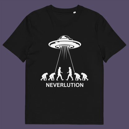 Black t-shirt. An alien conspiracy theory t-shirt suggesting a different path of our evolution. Did evolution never really happen the way we are told, or is there a more intergalactic and colourful answer ? Made from 100% organic ring-spun cotton, this conspiracy theory t-shirt is unisex, high-quality, super comfy, and best of all, eco-friendly.