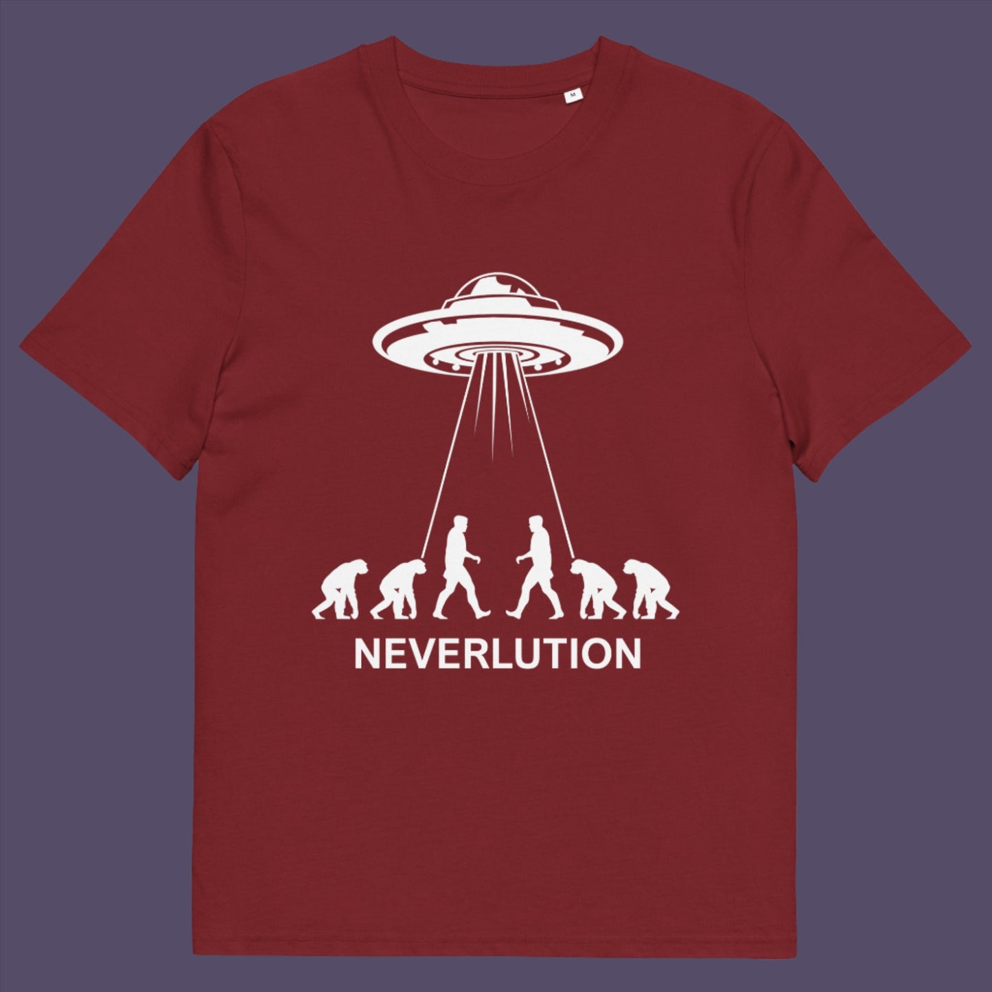 Burgundy t-shirt. An alien conspiracy theory t-shirt suggesting a different path of our evolution. Did evolution never really happen the way we are told, or is there a more intergalactic and colourful answer ? Made from 100% organic ring-spun cotton, this conspiracy theory t-shirt is unisex, high-quality, super comfy, and best of all, eco-friendly.