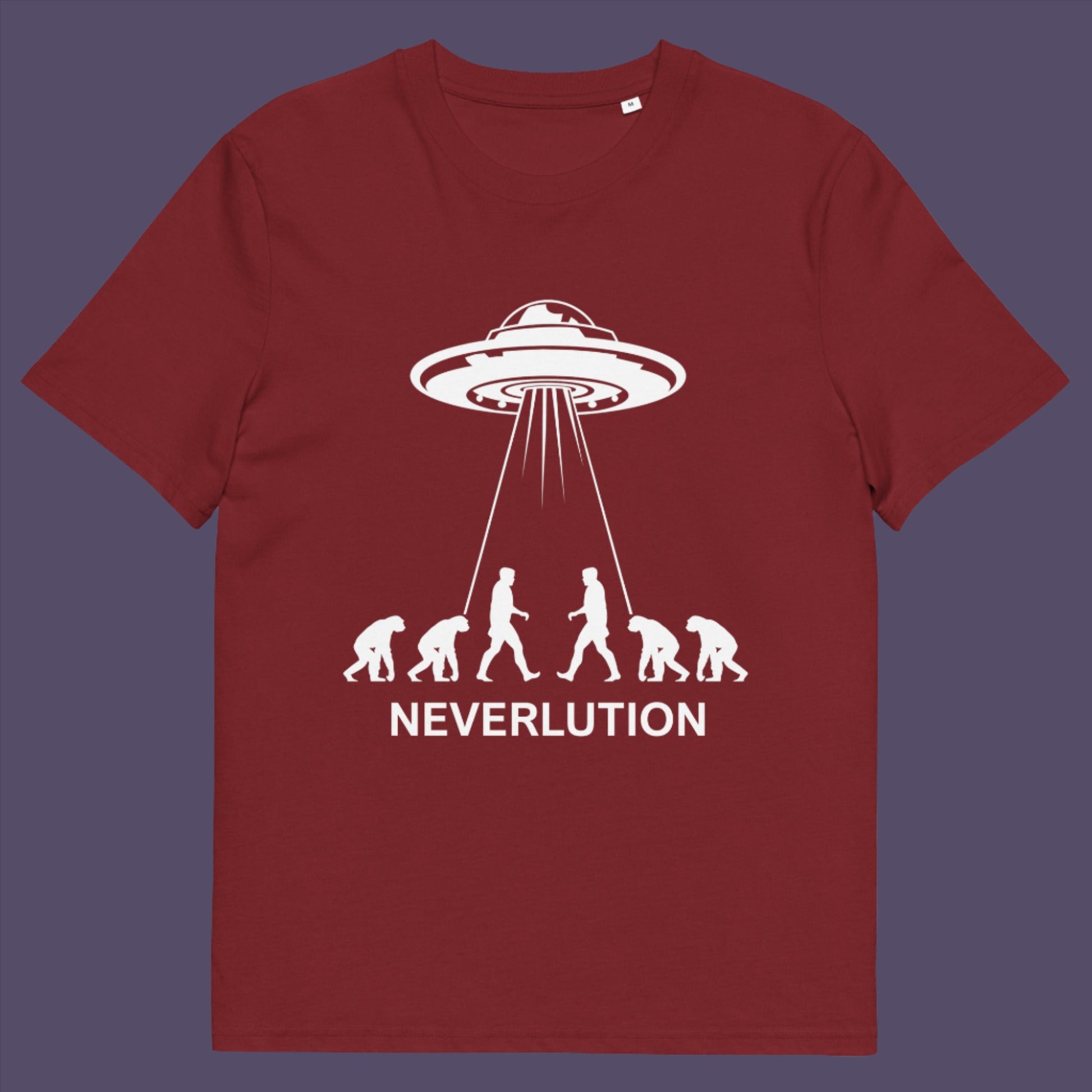 Burgundy t-shirt. An alien conspiracy theory t-shirt suggesting a different path of our evolution. Did evolution never really happen the way we are told, or is there a more intergalactic and colourful answer ? Made from 100% organic ring-spun cotton, this conspiracy theory t-shirt is unisex, high-quality, super comfy, and best of all, eco-friendly.