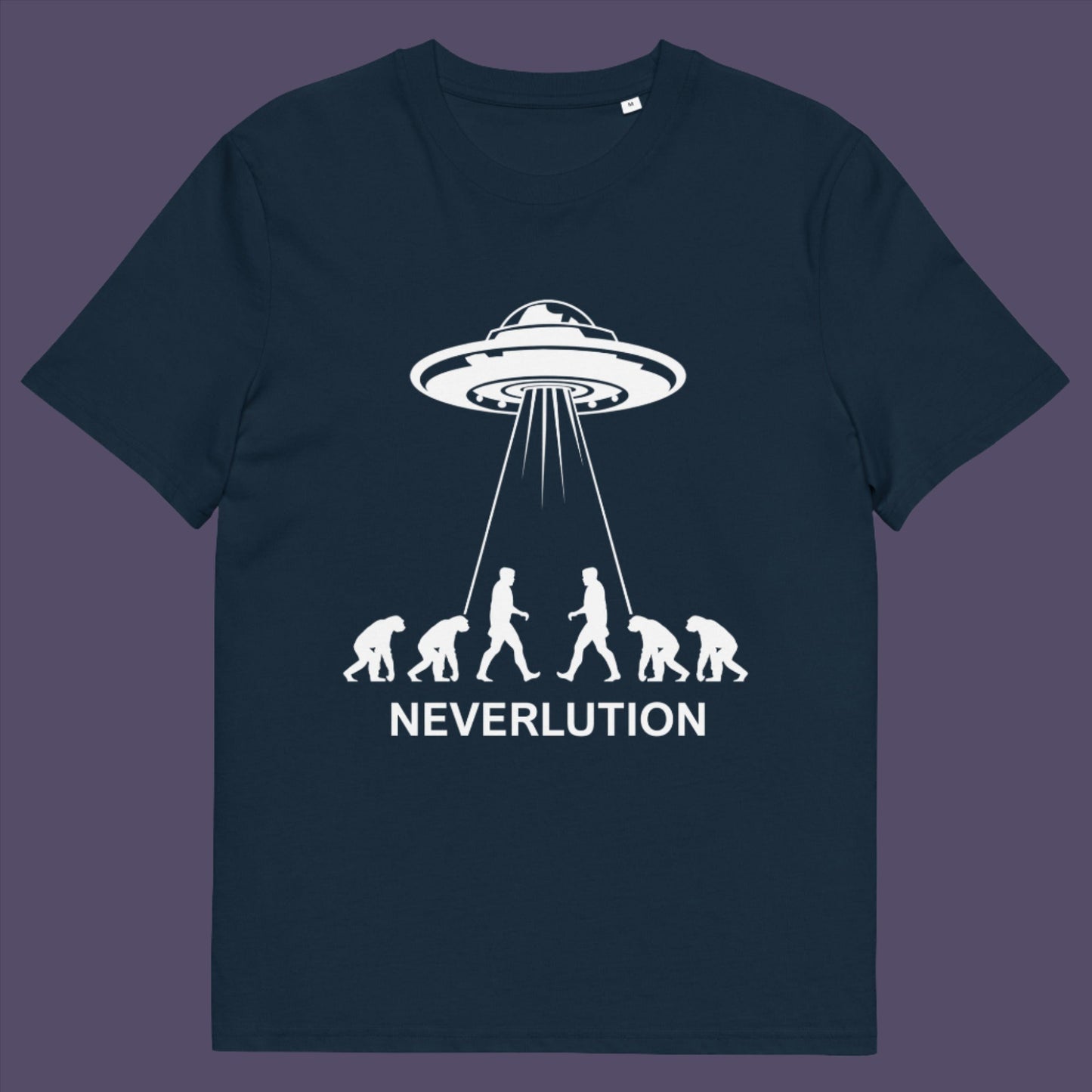 French navy t-shirt. An alien conspiracy theory t-shirt suggesting a different path of our evolution. Did evolution never really happen the way we are told, or is there a more intergalactic and colourful answer ? Made from 100% organic ring-spun cotton, this conspiracy theory t-shirt is unisex, high-quality, super comfy, and best of all, eco-friendly.
