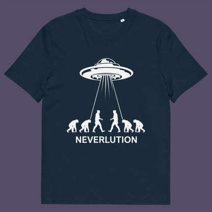 French navy t-shirt. An alien conspiracy theory t-shirt suggesting a different path of our evolution. Did evolution never really happen the way we are told, or is there a more intergalactic and colourful answer ? Made from 100% organic ring-spun cotton, this conspiracy theory t-shirt is unisex, high-quality, super comfy, and best of all, eco-friendly.