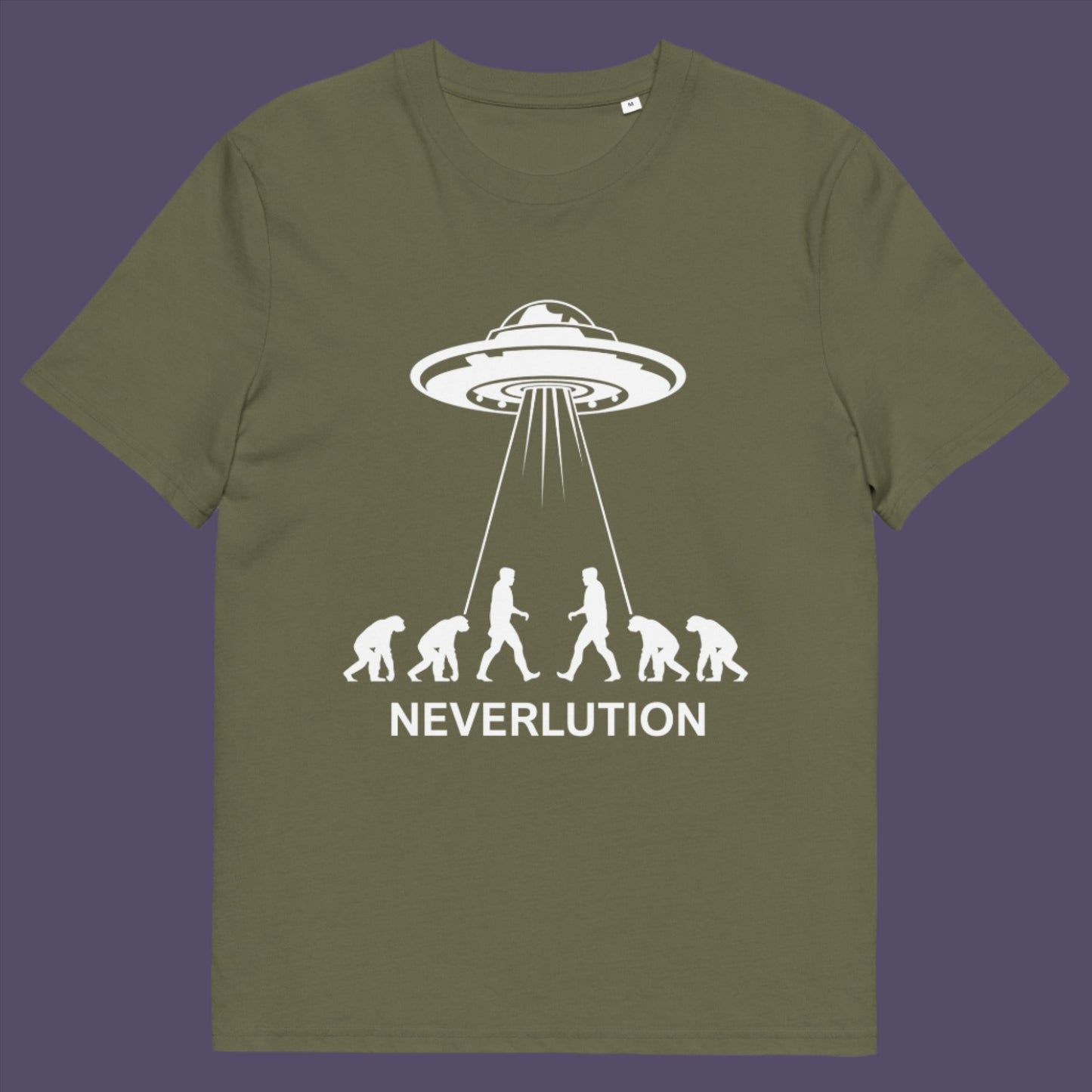 Khaki t-shirt. An alien conspiracy theory t-shirt suggesting a different path of our evolution. Did evolution never really happen the way we are told, or is there a more intergalactic and colourful answer ? Made from 100% organic ring-spun cotton, this conspiracy theory t-shirt is unisex, high-quality, super comfy, and best of all, eco-friendly.
