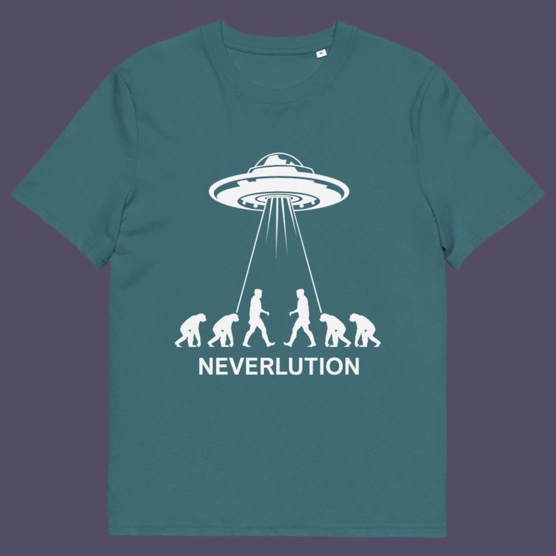 Stargazer t-shirt. An alien conspiracy theory t-shirt suggesting a different path of our evolution. Did evolution never really happen the way we are told, or is there a more intergalactic and colourful answer ? Made from 100% organic ring-spun cotton, this conspiracy theory t-shirt is unisex, high-quality, super comfy, and best of all, eco-friendly.