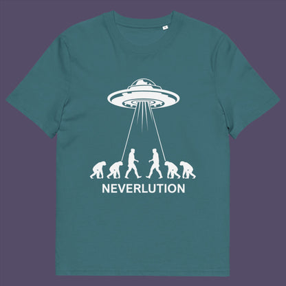 Stargazer t-shirt. An alien conspiracy theory t-shirt suggesting a different path of our evolution. Did evolution never really happen the way we are told, or is there a more intergalactic and colourful answer ? Made from 100% organic ring-spun cotton, this conspiracy theory t-shirt is unisex, high-quality, super comfy, and best of all, eco-friendly.