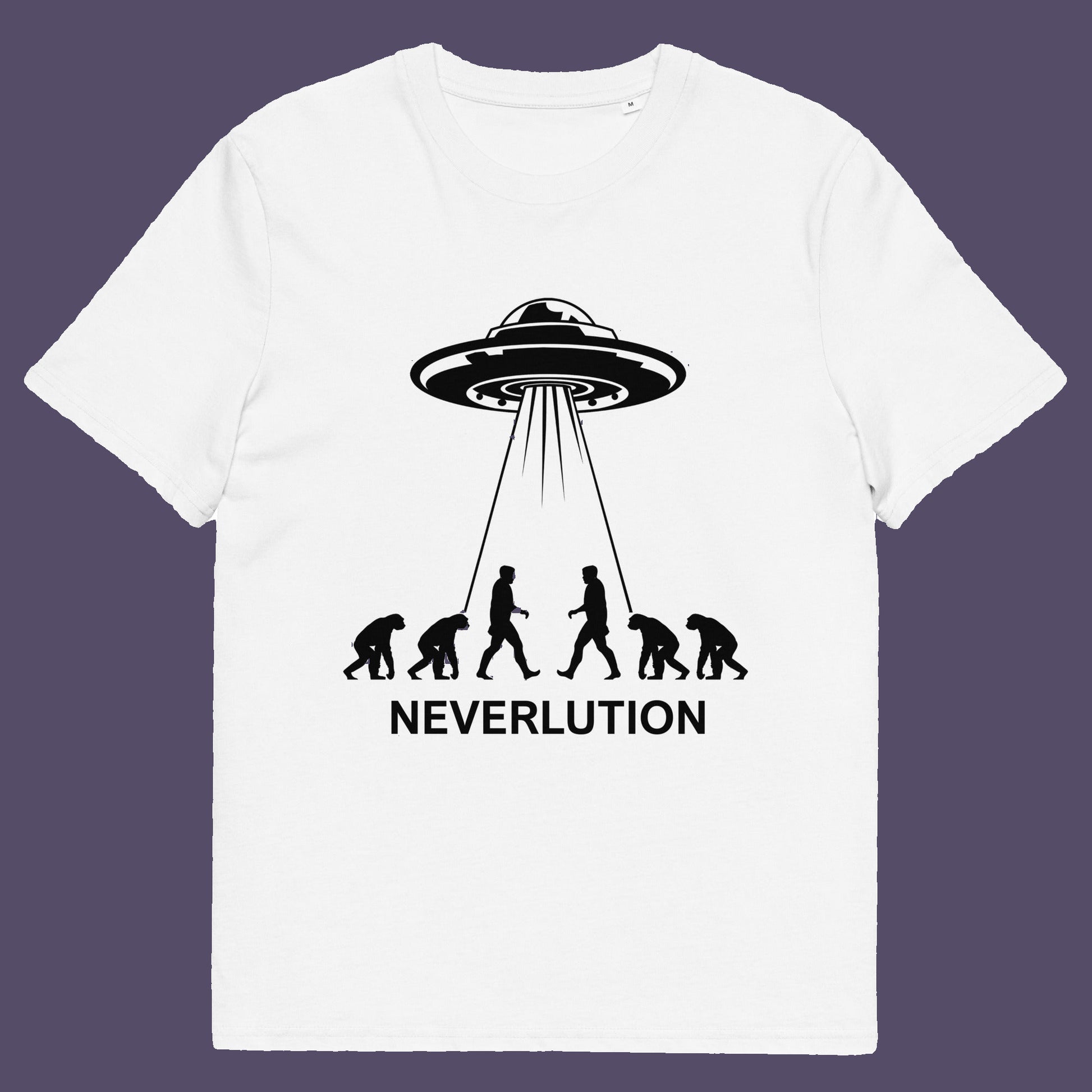 White t-shirt. An alien conspiracy theory t-shirt suggesting a different path of our evolution. Did evolution never really happen the way we are told, or is there a more intergalactic and colourful answer ? Made from 100% organic ring-spun cotton, this conspiracy theory t-shirt is unisex, high-quality, super comfy, and best of all, eco-friendly.