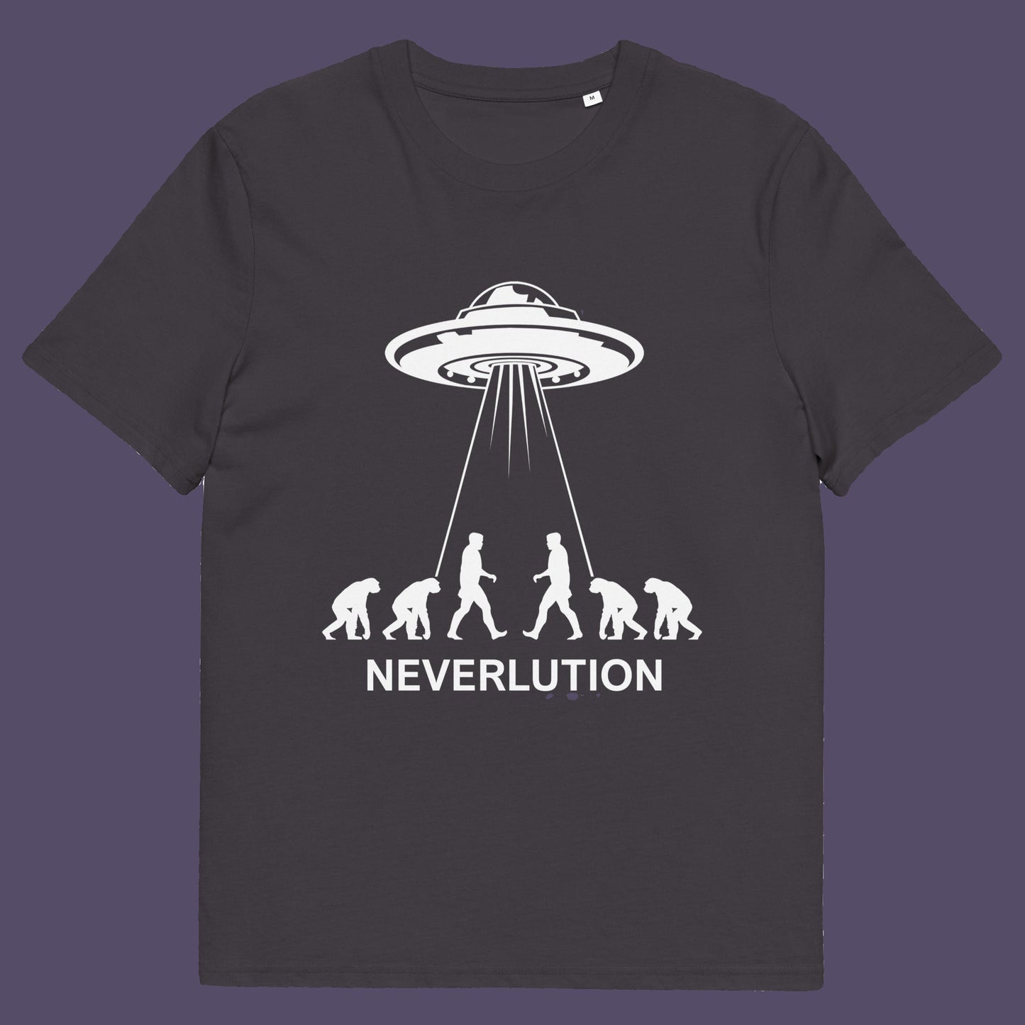 Anthracite t-shirt. An alien conspiracy theory t-shirt suggesting a different path of our evolution. Did evolution never really happen the way we are told, or is there a more intergalactic and colourful answer ? Made from 100% organic ring-spun cotton, this conspiracy theory t-shirt is unisex, high-quality, super comfy, and best of all, eco-friendly.