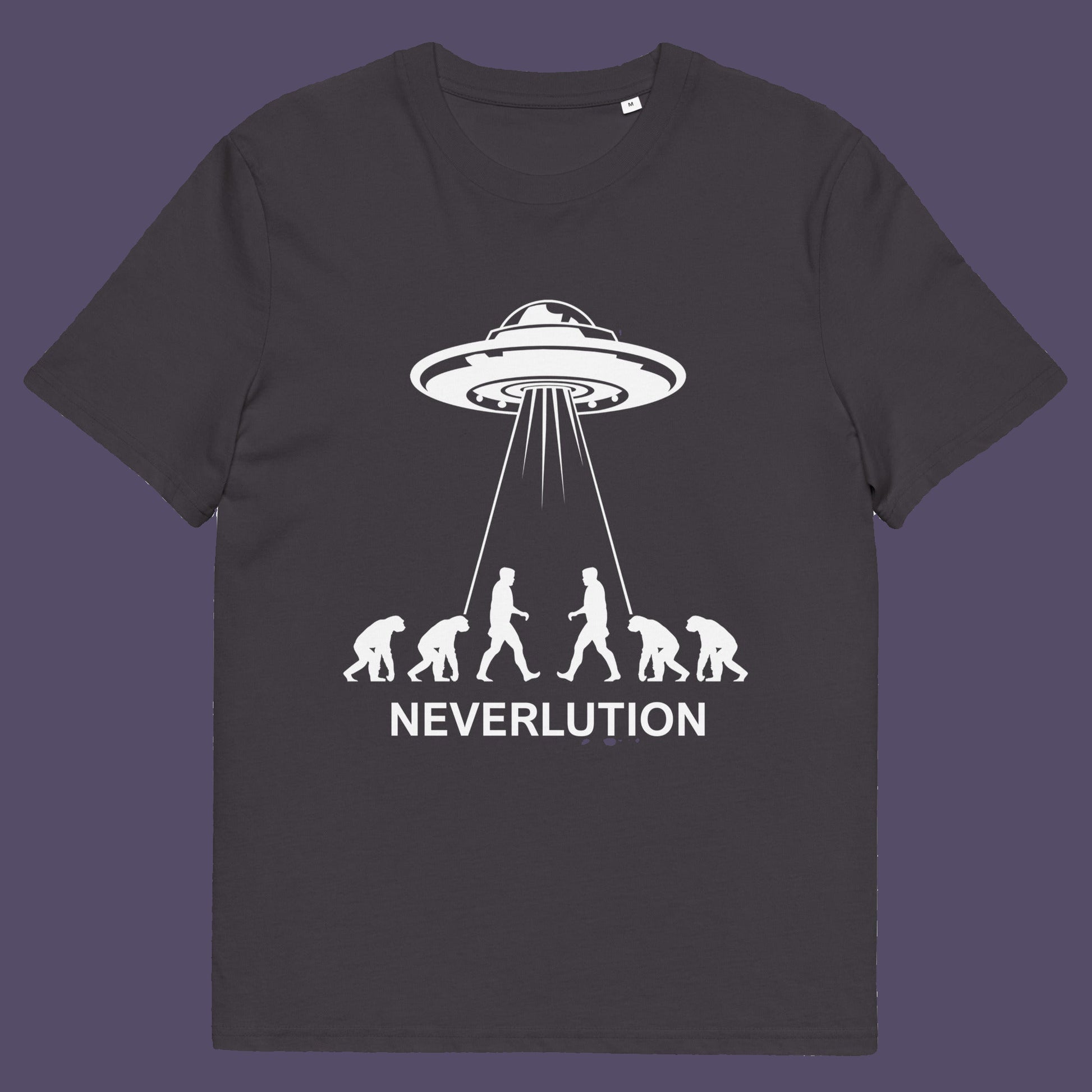 Anthracite t-shirt. An alien conspiracy theory t-shirt suggesting a different path of our evolution. Did evolution never really happen the way we are told, or is there a more intergalactic and colourful answer ? Made from 100% organic ring-spun cotton, this conspiracy theory t-shirt is unisex, high-quality, super comfy, and best of all, eco-friendly.