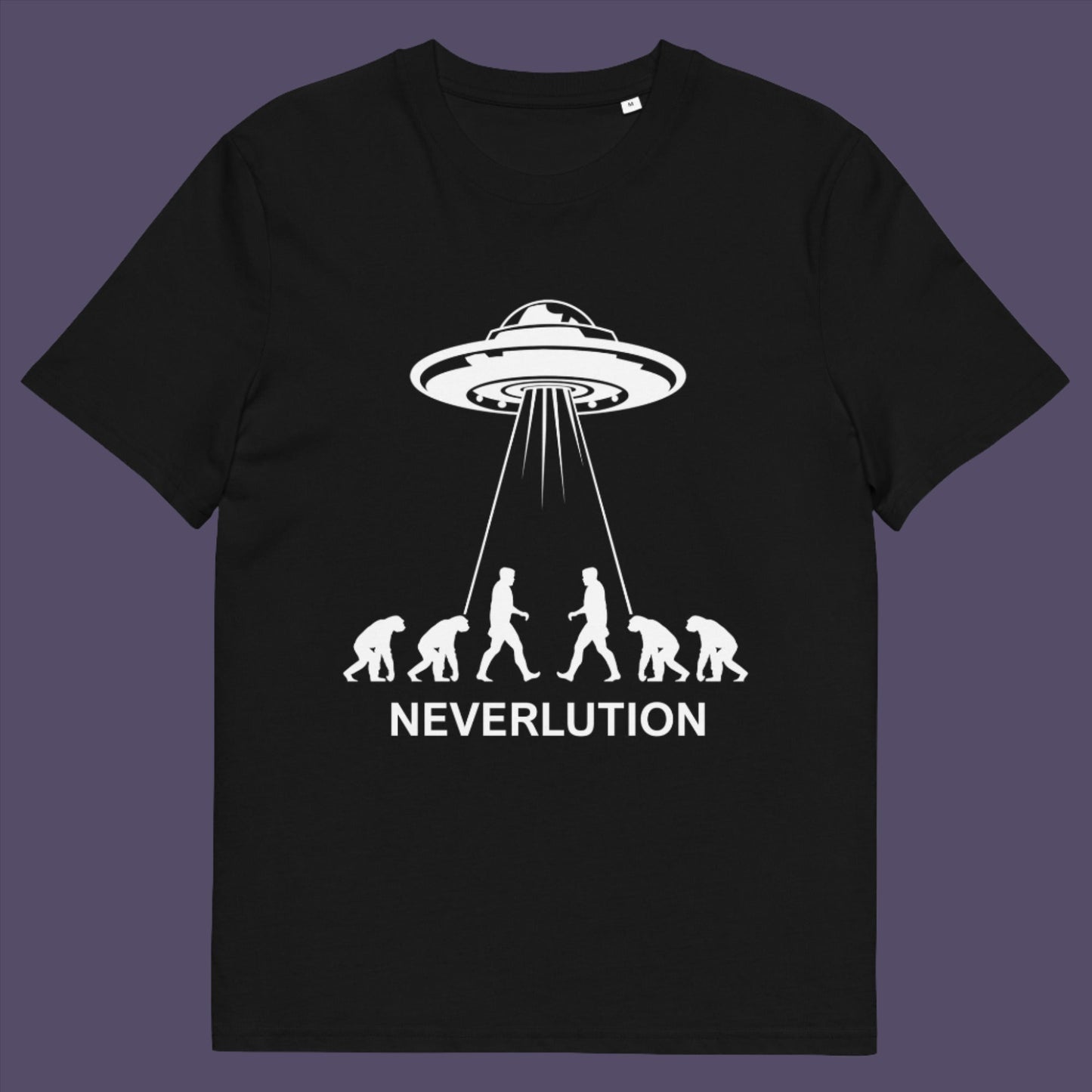 Black t-shirt. An alien conspiracy theory t-shirt suggesting a different path of our evolution. Did evolution never really happen the way we are told, or is there a more intergalactic and colourful answer ? Made from 100% organic ring-spun cotton, this conspiracy theory t-shirt is unisex, high-quality, super comfy, and best of all, eco-friendly.