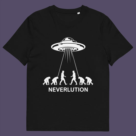 Black t-shirt. An alien conspiracy theory t-shirt suggesting a different path of our evolution. Did evolution never really happen the way we are told, or is there a more intergalactic and colourful answer ? Made from 100% organic ring-spun cotton, this conspiracy theory t-shirt is unisex, high-quality, super comfy, and best of all, eco-friendly.
