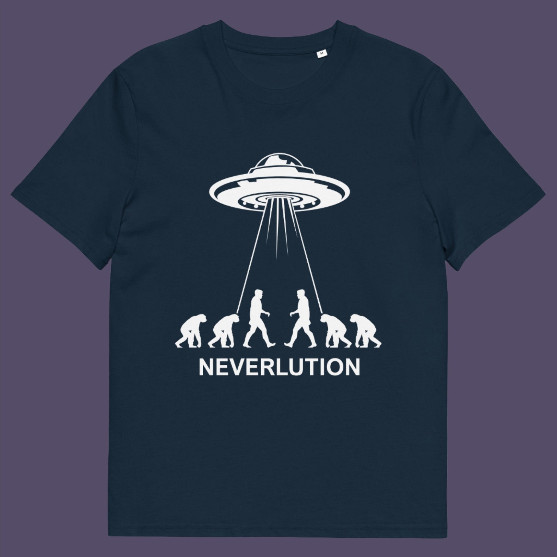 French navy t-shirt. An alien conspiracy theory t-shirt suggesting a different path of our evolution. Did evolution never really happen the way we are told, or is there a more intergalactic and colourful answer ? Made from 100% organic ring-spun cotton, this conspiracy theory t-shirt is unisex, high-quality, super comfy, and best of all, eco-friendly.