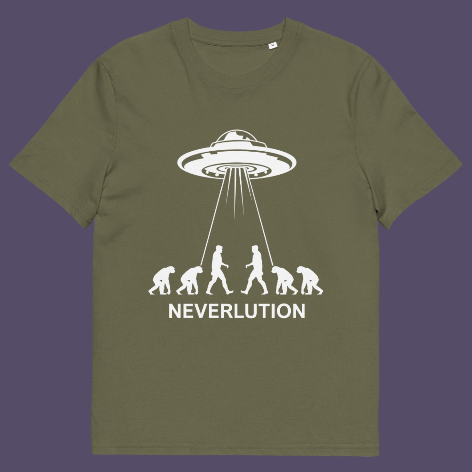 Khaki t-shirt. An alien conspiracy theory t-shirt suggesting a different path of our evolution. Did evolution never really happen the way we are told, or is there a more intergalactic and colourful answer ? Made from 100% organic ring-spun cotton, this conspiracy theory t-shirt is unisex, high-quality, super comfy, and best of all, eco-friendly.