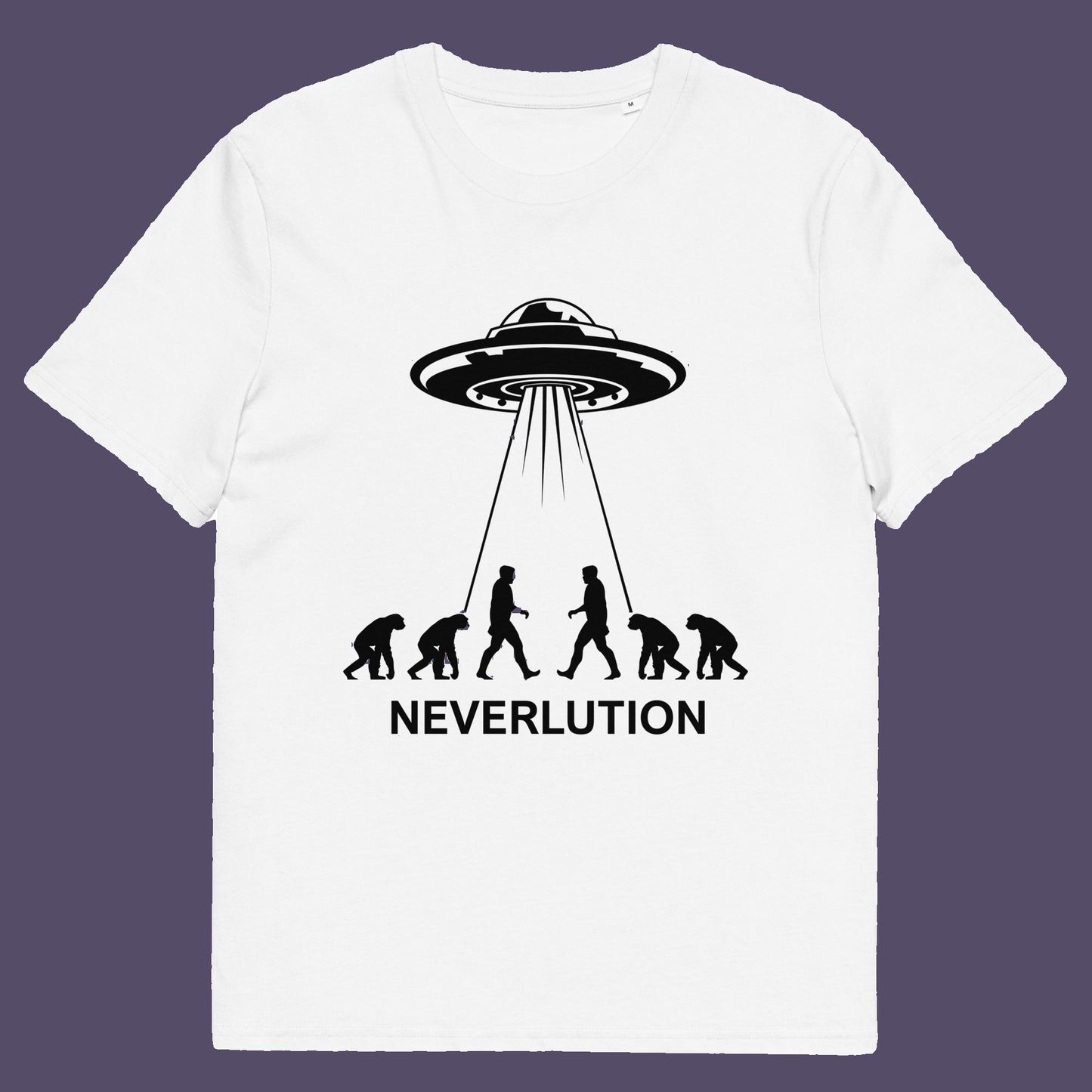 White t-shirt. An alien conspiracy theory t-shirt suggesting a different path of our evolution. Did evolution never really happen the way we are told, or is there a more intergalactic and colourful answer ? Made from 100% organic ring-spun cotton, this conspiracy theory t-shirt is unisex, high-quality, super comfy, and best of all, eco-friendly.