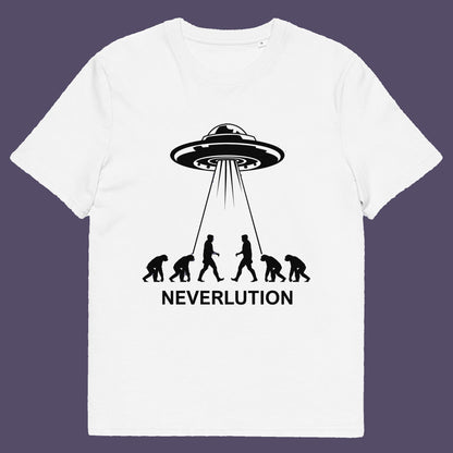 White t-shirt. An alien conspiracy theory t-shirt suggesting a different path of our evolution. Did evolution never really happen the way we are told, or is there a more intergalactic and colourful answer ? Made from 100% organic ring-spun cotton, this conspiracy theory t-shirt is unisex, high-quality, super comfy, and best of all, eco-friendly.