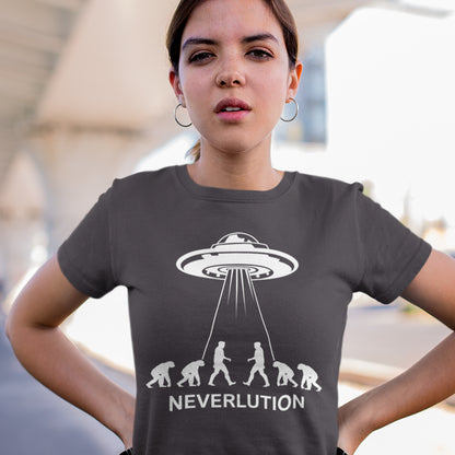 Person wearing a t-shirt with a UFO and 'NEVERLUTION' design. An alien conspiracy theory t-shirt suggesting a different path of our evolution. Did evolution never really happen the way we are told, or is there a more intergalactic and colourful answer ? Made from 100% organic ring-spun cotton, this conspiracy theory t-shirt is unisex, high-quality, super comfy, and best of all, eco-friendly.