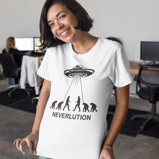 Person wearing a white t-shirt with a UFO and 'NEVERLUTION' design in an office setting. An alien conspiracy theory t-shirt suggesting a different path of our evolution. Did evolution never really happen the way we are told, or is there a more intergalactic and colourful answer ? Made from 100% organic ring-spun cotton, this conspiracy theory t-shirt is unisex, high-quality, super comfy, and best of all, eco-friendly.