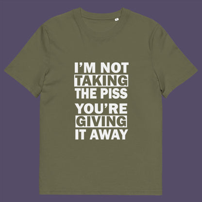 Khaki t-shirt. A clever slogan t shirt design suggesting some people just set themselves up to be laughed at. Light hearted banter between friends , "No offence intended mate". Made from 100% organic ring-spun cotton, this sarcastic slogan t shirt is unisex, high-quality, super comfy, and best of all, eco-friendly.