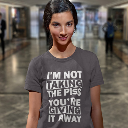 Person wearing a t-shirt with a humorous message in an indoor setting. A clever slogan t shirt design suggesting some people just set themselves up to be laughed at. Light hearted banter between friends , "No offence intended mate". Made from 100% organic ring-spun cotton, this sarcastic slogan t shirt is unisex, high-quality, super comfy, and best of all, eco-friendly.