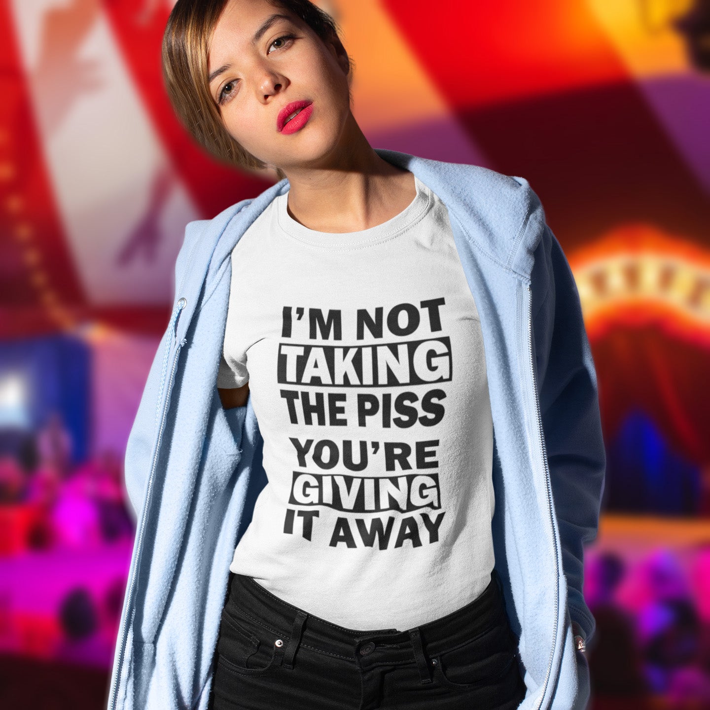 Woman wearing a white t-shirt with text in front of a colourful background. A clever slogan t shirt design suggesting some people just set themselves up to be laughed at. Light hearted banter between friends , "No offence intended mate". Made from 100% organic ring-spun cotton, this sarcastic slogan t shirt is unisex, high-quality, super comfy, and best of all, eco-friendly.