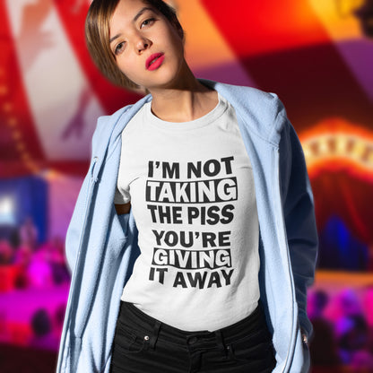 Woman wearing a white t-shirt with text in front of a colourful background. A clever slogan t shirt design suggesting some people just set themselves up to be laughed at. Light hearted banter between friends , "No offence intended mate". Made from 100% organic ring-spun cotton, this sarcastic slogan t shirt is unisex, high-quality, super comfy, and best of all, eco-friendly.