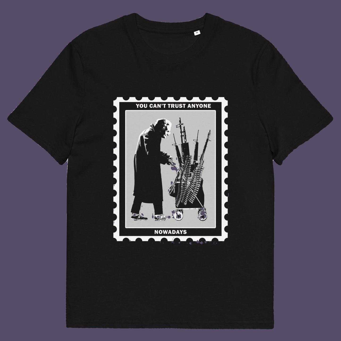 Black t-shirt. A Banksy style street art stencil t-shirt displaying a humorous view of how careful you have to be living in a culture of fear when you come from a more trusting generation. Made from 100% organic ring-spun cotton, this street art t-shirt is unisex, high-quality, super comfy, and best of all, eco-friendly.