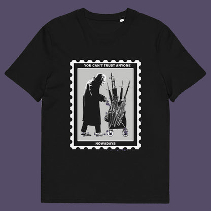 Black t-shirt. A Banksy style street art stencil t-shirt displaying a humorous view of how careful you have to be living in a culture of fear when you come from a more trusting generation. Made from 100% organic ring-spun cotton, this street art t-shirt is unisex, high-quality, super comfy, and best of all, eco-friendly.