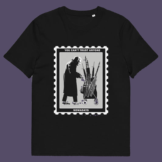 Black t-shirt. A Banksy style street art stencil t-shirt displaying a humorous view of how careful you have to be living in a culture of fear when you come from a more trusting generation. Made from 100% organic ring-spun cotton, this street art t-shirt is unisex, high-quality, super comfy, and best of all, eco-friendly.