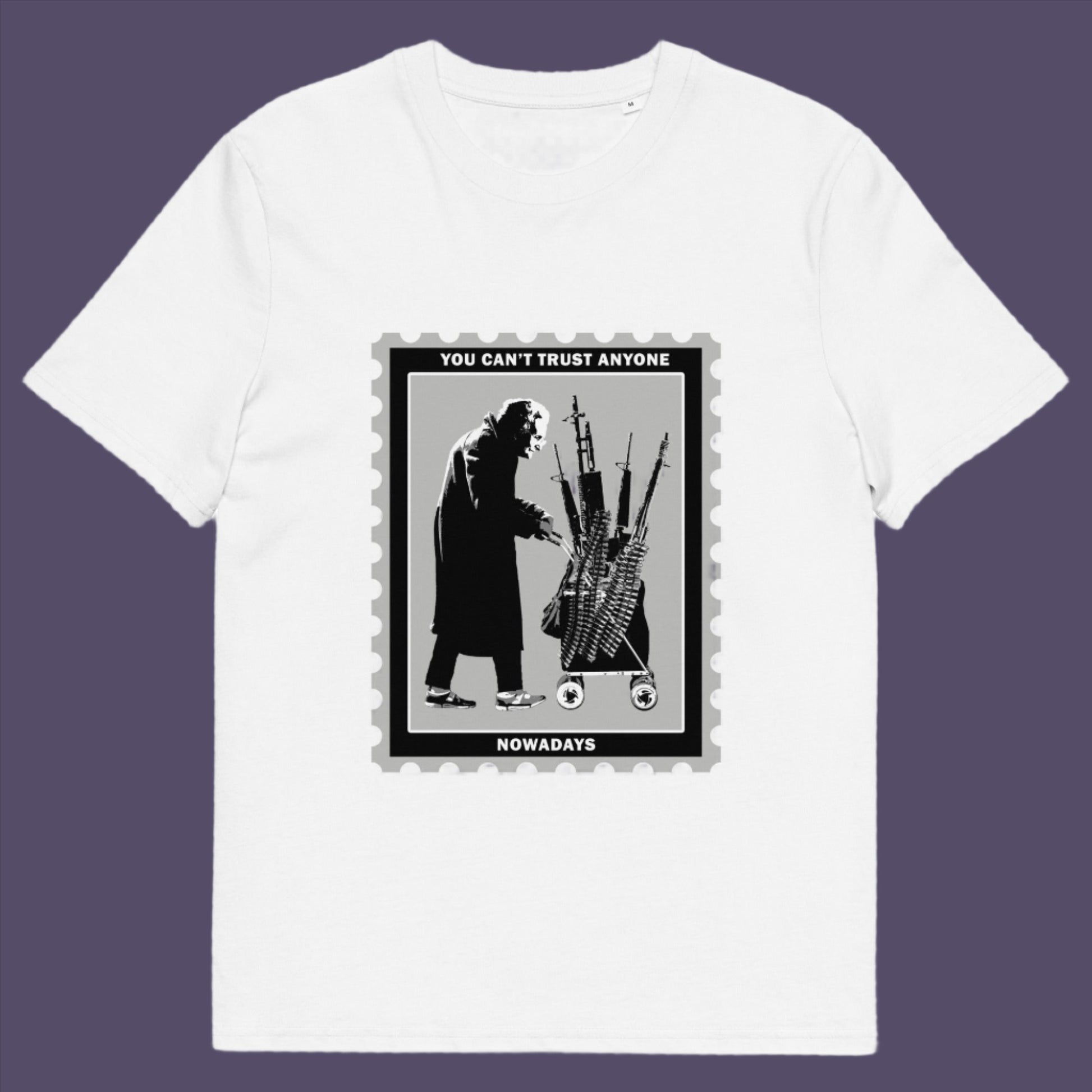 White t-shirt A Banksy style street art stencil t-shirt displaying a humorous view of how careful you have to be living in a culture of fear when you come from a more trusting generation. Made from 100% organic ring-spun cotton, this street art t-shirt is unisex, high-quality, super comfy, and best of all, eco-friendly.