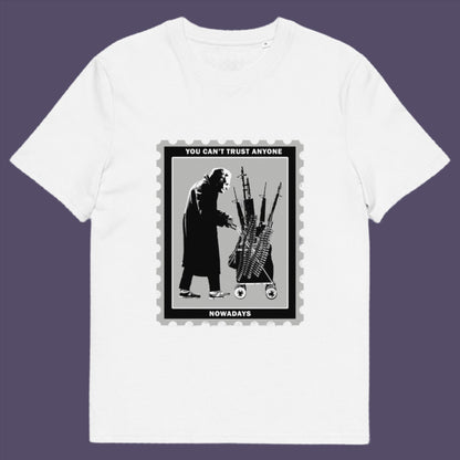 White t-shirt A Banksy style street art stencil t-shirt displaying a humorous view of how careful you have to be living in a culture of fear when you come from a more trusting generation. Made from 100% organic ring-spun cotton, this street art t-shirt is unisex, high-quality, super comfy, and best of all, eco-friendly.