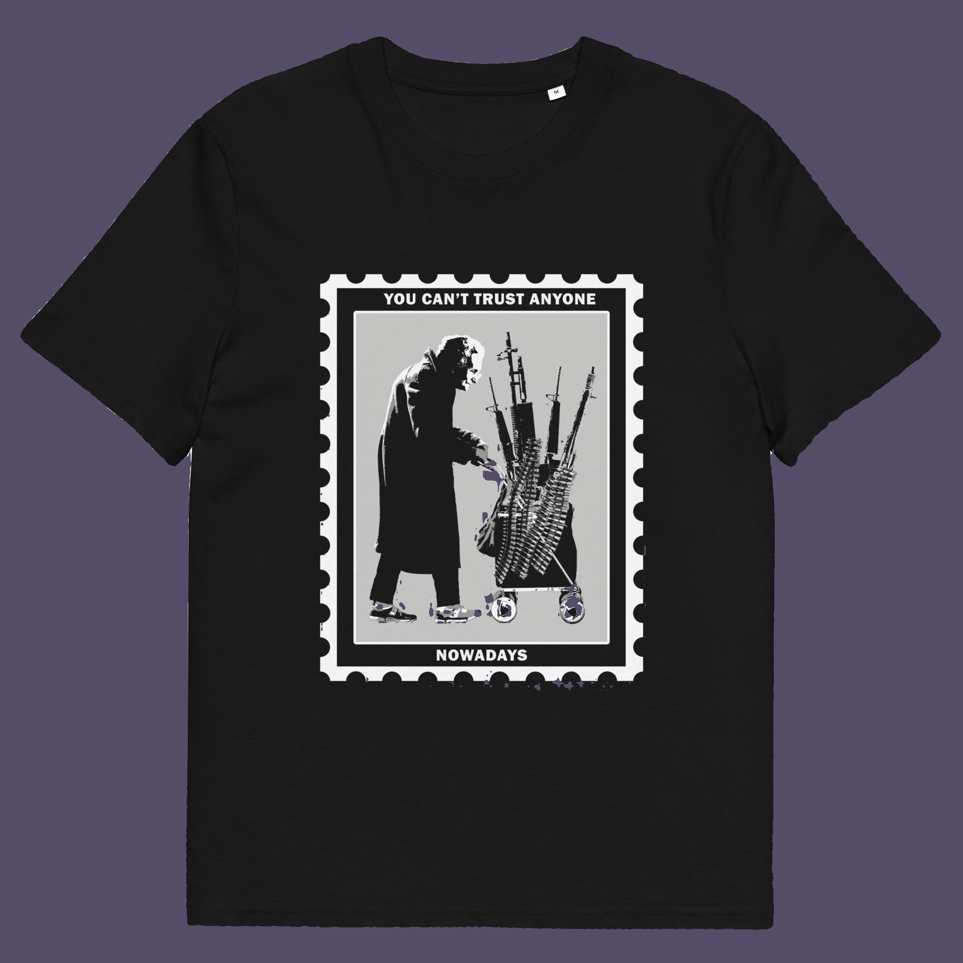 Black t-shirt. A stencil graffiti t shirt displaying a humorous view of how careful you have to be living in a culture of fear when you come from a more trusting generation. Made from 100% organic ring-spun cotton, this urban art t shirt is unisex, high-quality, super comfy, and best of all, eco-friendly.