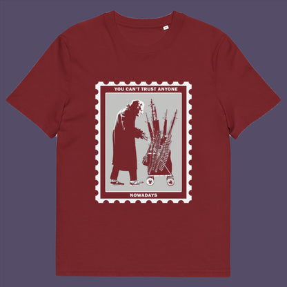 Burgundy t-shirt. A stencil graffiti t shirt displaying a humorous view of how careful you have to be living in a culture of fear when you come from a more trusting generation. Made from 100% organic ring-spun cotton, this urban art t shirt is unisex, high-quality, super comfy, and best of all, eco-friendly.