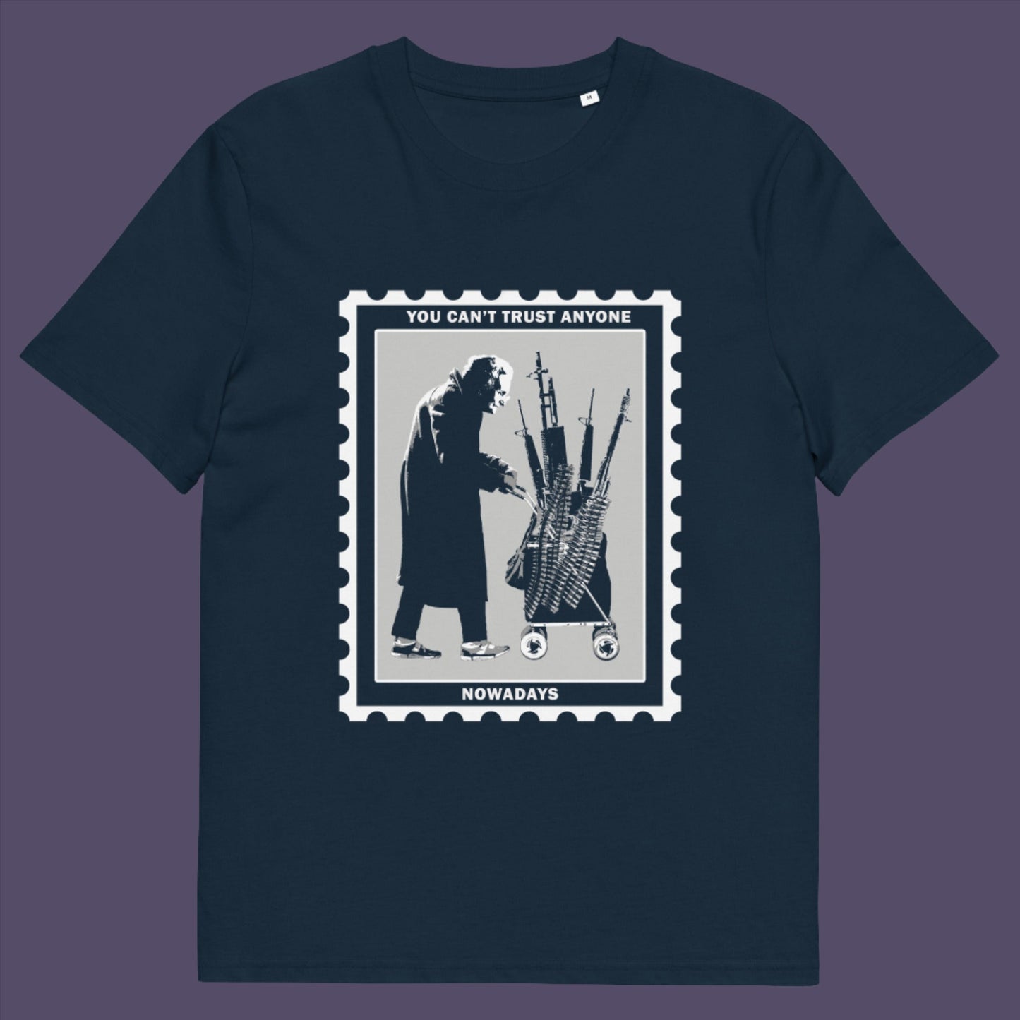 French navy t-shirt. A stencil graffiti t shirt displaying a humorous view of how careful you have to be living in a culture of fear when you come from a more trusting generation. Made from 100% organic ring-spun cotton, this urban art t shirt is unisex, high-quality, super comfy, and best of all, eco-friendly.