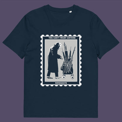 French navy t-shirt. A stencil graffiti t shirt displaying a humorous view of how careful you have to be living in a culture of fear when you come from a more trusting generation. Made from 100% organic ring-spun cotton, this urban art t shirt is unisex, high-quality, super comfy, and best of all, eco-friendly.