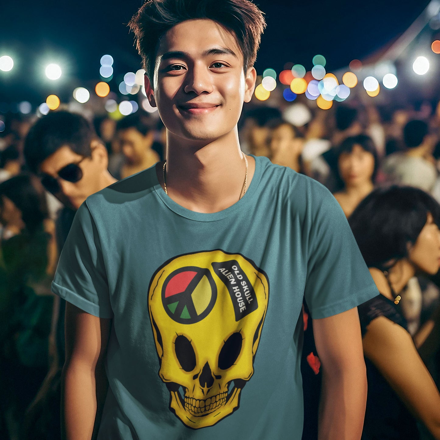 Man wearing a t-shirt with a skull design at a night time event. A twisted 90's acid house t shirt design. You would be forgiven for having a fuzzy memory of the 90's if you were involved in the rave scene. An old skool acid house design for people who think outside the box and love aliens. Made from 100% organic ring-spun cotton, this funny 90's acid house t shirt is unisex, high-quality, super comfy, and best of all, eco-friendly.