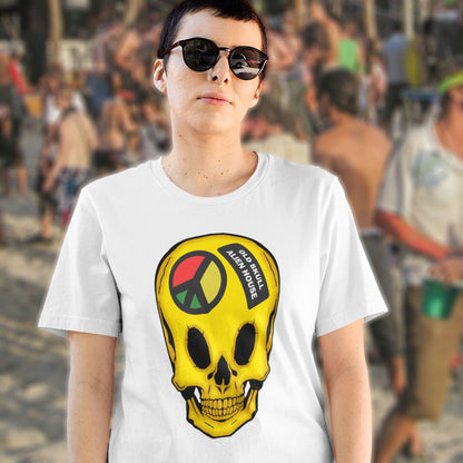 Person wearing a white t-shirt with a yellow skull design and sunglasses, standing in a crowd. A twisted 90's acid house t shirt design. You would be forgiven for having a fuzzy memory of the 90's if you were involved in the rave scene. An old skool acid house design for people who think outside the box and love aliens. Made from 100% organic ring-spun cotton, this funny 90's acid house t shirt is unisex, high-quality, super comfy, and best of all, eco-friendly.