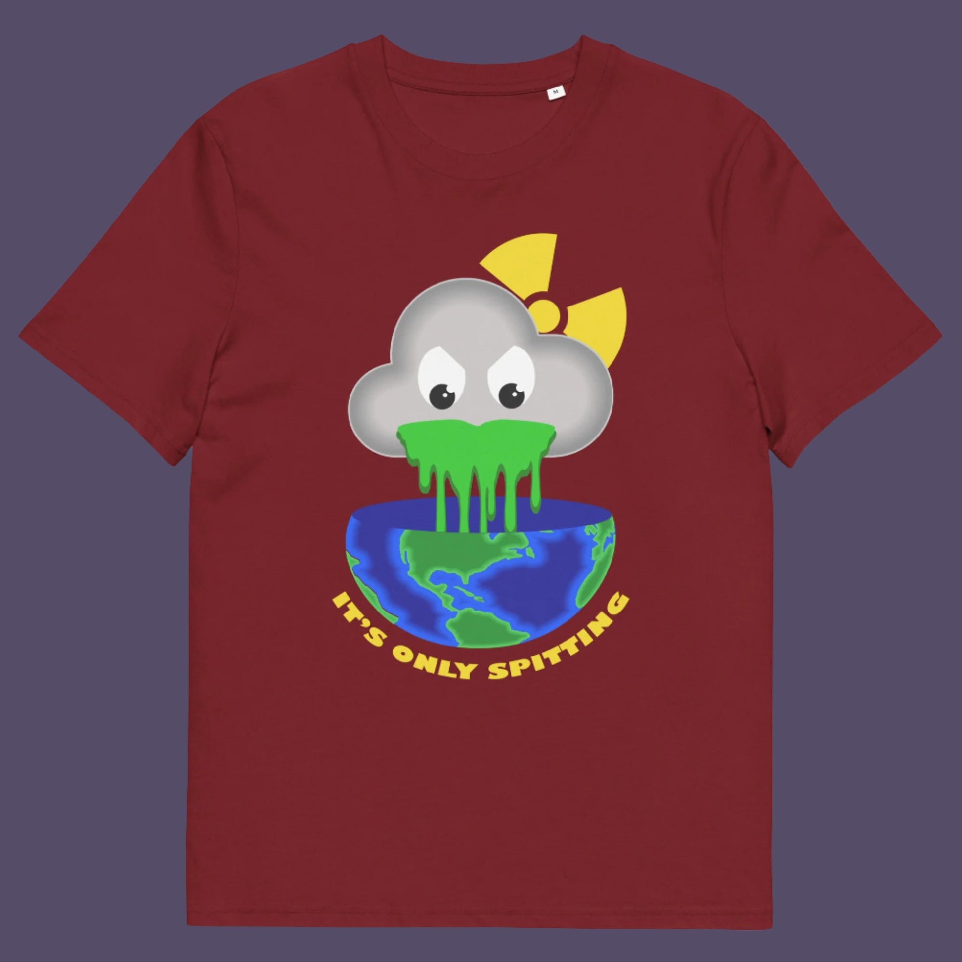 Burgundy t-shirt. A sarcastic climate awareness t-shirt. We can pretend we're not having a climate crisis but we'll pay for it later. This unique design is a dig at actionless optimism. Made from 100% organic ring-spun cotton, this environmental awareness t-shirt is unisex, high-quality, super comfy, and best of all, eco-friendly.
