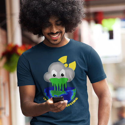 Person wearing a t-shirt with a graphic design outdoors. A sarcastic climate awareness t-shirt. We can pretend we're not having a climate crisis but we'll pay for it later. This unique design is a dig at actionless optimism. Made from 100% organic ring-spun cotton, this environmental awareness t-shirt is unisex, high-quality, super comfy, and best of all, eco-friendly.