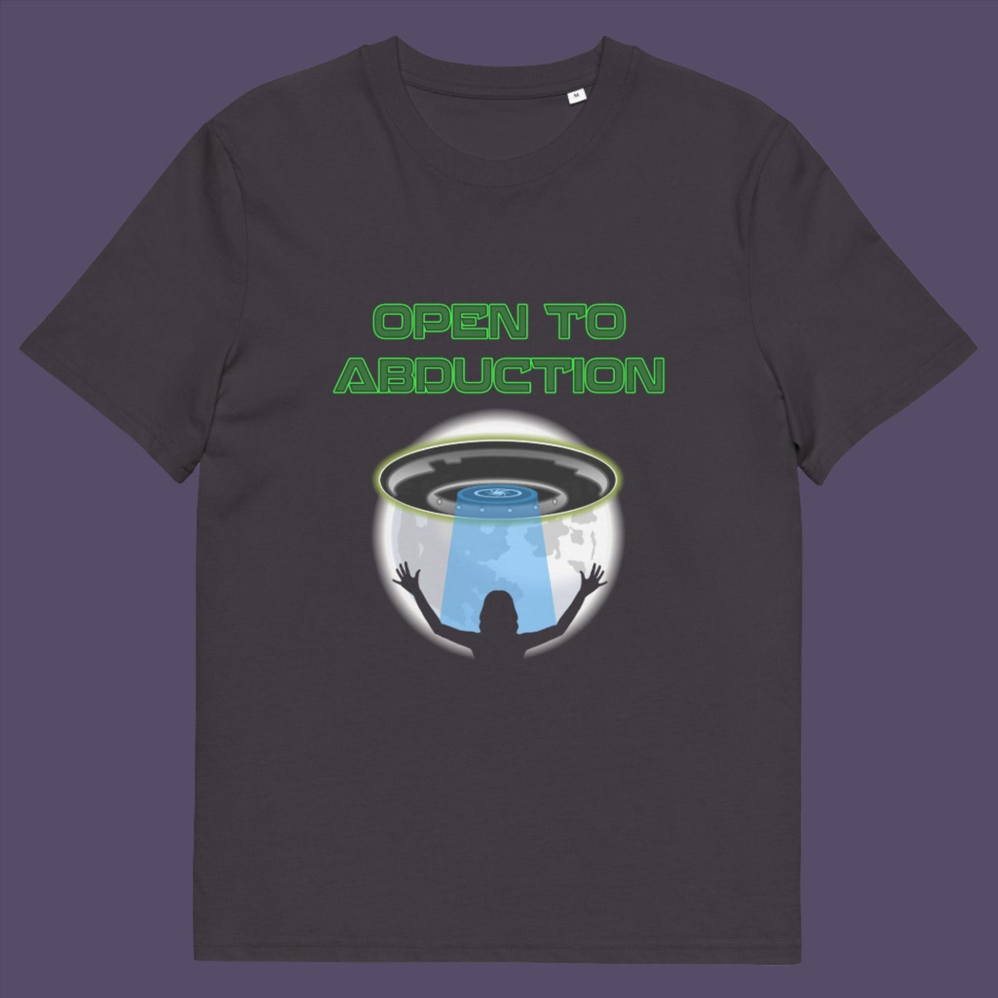 Anthracite t-shirt. A funny alien abduction t-shirt design for those who feel a distance forming between them and the rest of the human race, and are not too impressed with our lack of effort to save the planet. This unique alien t-shirt design is for all those who are open to hitching a lift off this rock. This design depicts a woman open to abduction. Made from 100% organic ring-spun cotton, this alien abduction t-shirt is unisex, high-quality, super comfy, and best of all, eco-friendly.