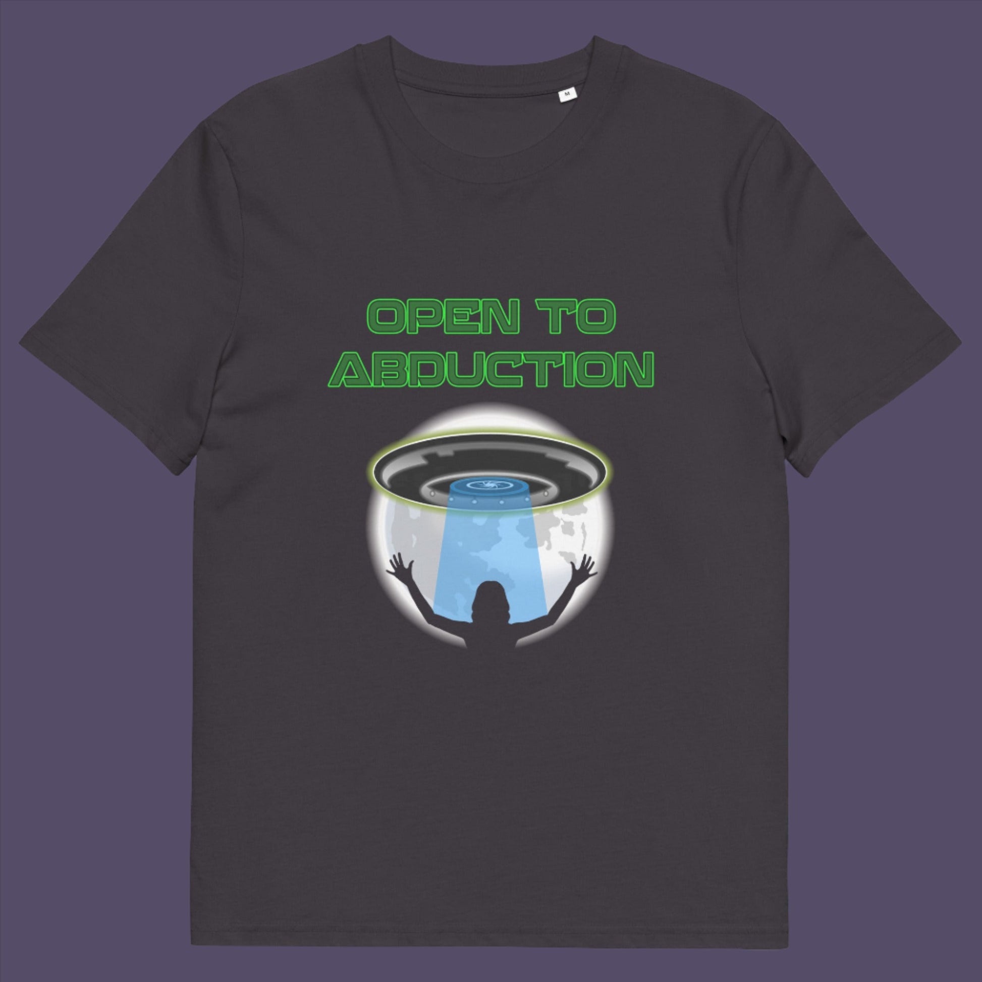Anthracite t-shirt. A funny alien abduction t-shirt design for those who feel a distance forming between them and the rest of the human race, and are not too impressed with our lack of effort to save the planet. This unique alien t-shirt design is for all those who are open to hitching a lift off this rock. This design depicts a woman open to abduction. Made from 100% organic ring-spun cotton, this alien abduction t-shirt is unisex, high-quality, super comfy, and best of all, eco-friendly.