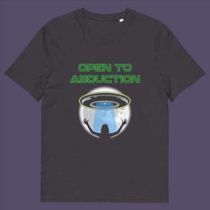 Anthracite t-shirt. A funny alien abduction t-shirt design for those who feel a distance forming between them and the rest of the human race, and are not too impressed with our lack of effort to save the planet. This unique alien t-shirt design is for all those who are open to hitching a lift off this rock. This design depicts a woman open to abduction. Made from 100% organic ring-spun cotton, this alien abduction t-shirt is unisex, high-quality, super comfy, and best of all, eco-friendly.
